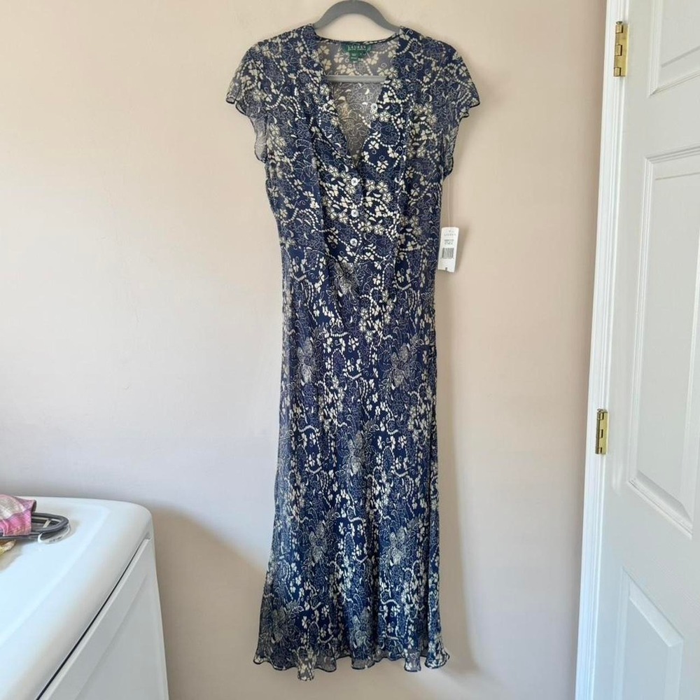 NWT Lauren Ralph Lauren Silk Blue Floral Dress vintage slip midi maxi paisley